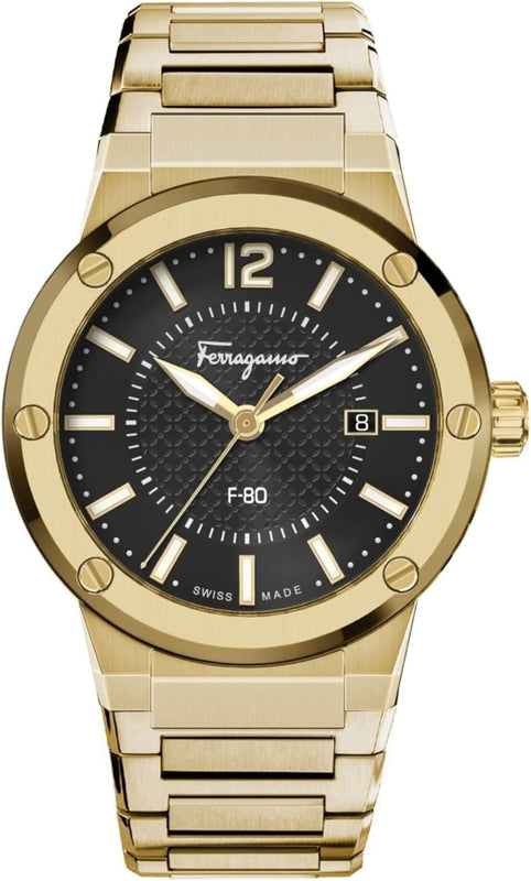 Buy Shop Salvatore Ferragamo F-80 Classic Black Dial Gold Steel Strap Watch for Men - SFHY00821 USA Online