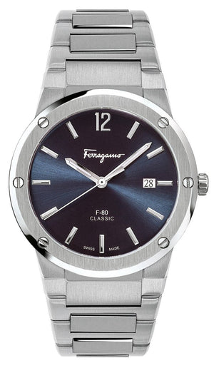 Buy Shop Salvatore Ferragamo F-80 Classic Blue Dial Silver Steel Strap Watch for Men - SFDT01320 USA Online