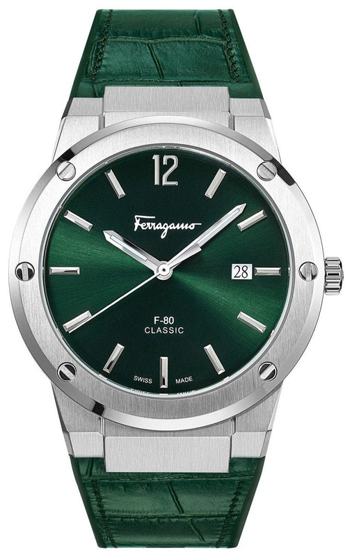 Buy Shop Salvatore Ferragamo F-80 Classic Green Dial Green Leather Strap Watch for Men - SFDT00119 USA Online