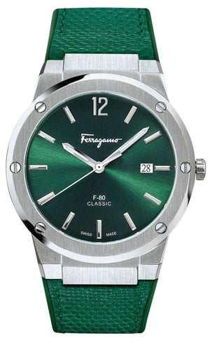 Buy Shop Salvatore Ferragamo F-80 Classic Green Dial Green Leather Strap Watch for Men - SFDT00519 USA Online