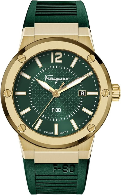 Buy Shop Salvatore Ferragamo F-80 Classic Green Dial Green Rubber Strap Watch for Men - SFHY02022 USA Online