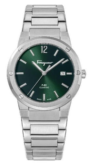 Buy Shop Salvatore Ferragamo F-80 Classic Green Dial Silver Steel Strap Watch for Men - SFDT02123 USA Online