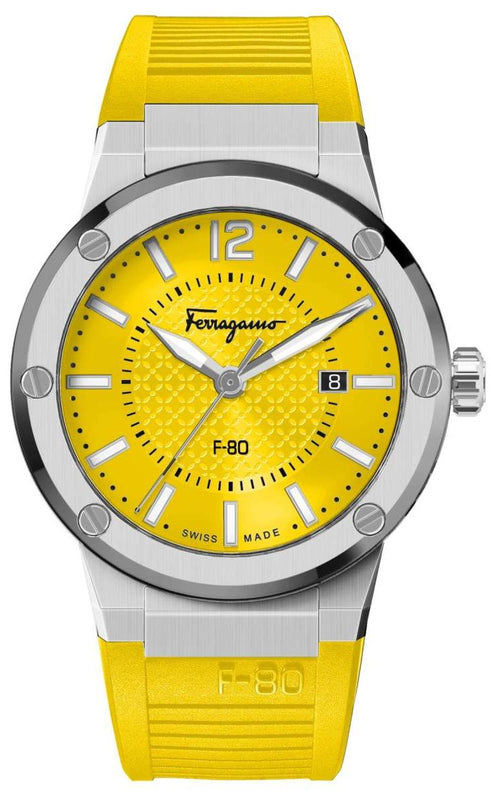 Buy Shop Salvatore Ferragamo F-80 Classic Yellow Dial Yellow Rubber Strap Watch for Men - SFHY01222 USA Online