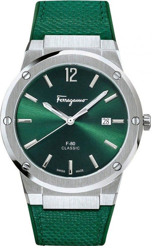 Buy Shop Salvatore Ferragamo F-80 Classic Green Dial Green Leather Strap Watch for Men - SFDT00519 USA Online