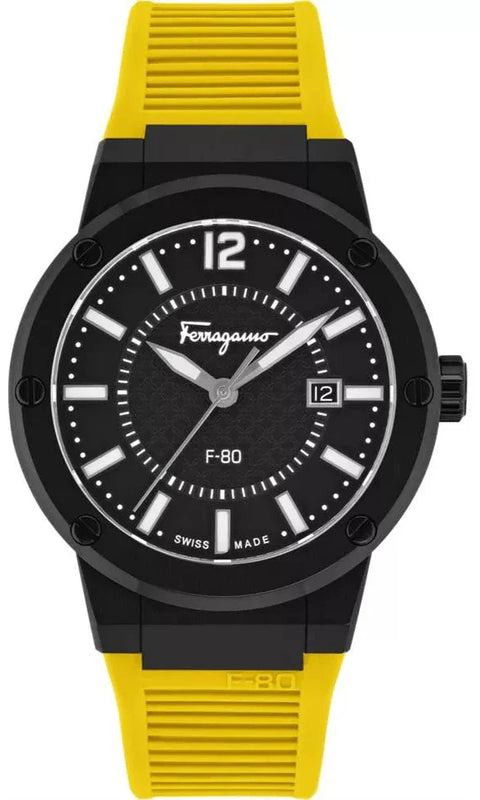 Buy Shop Salvatore Ferragamo F-80 Classic Black Dial Yellow Rubber Strap Watch for Men - SFHY01522 USA Online