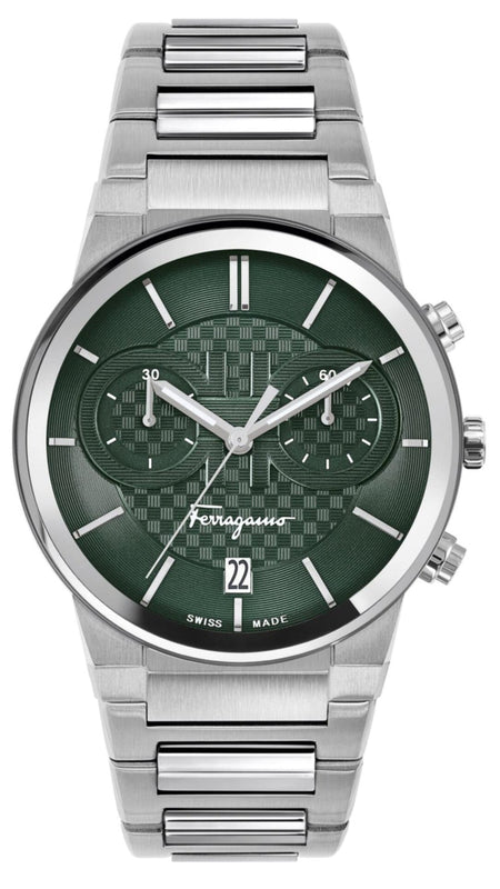 Buy Shop Salvatore Ferragamo Sapphire Chrono Green Dial Silver Steel Strap Watch for Men - SFME00421 USA Online
