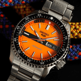 Seiko 5 Sports Double Hurricane Retro Orange Dial Silver Steel Strap Watch For Men - SRPK11K1