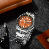 Seiko 5 Sports GMT Automatic Orange Dial Silver Steel Strap Watch For Men - SSK005K1