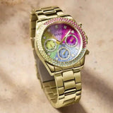 Guess Confetti Chronograph Rainbow Dial Gold Steel Strap Watch For Women - GW0483L4