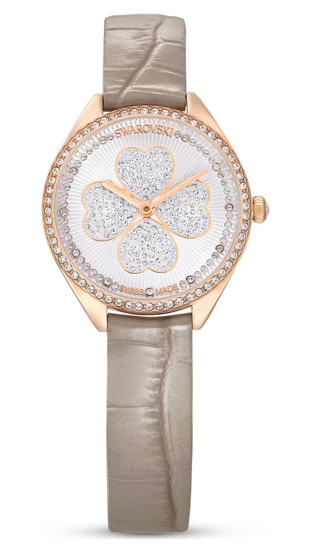 Buy Shop Swarovski Attract Clover Crystals Silver Dial Grey Leather Strap Watch for Women - 5653350 USA Online