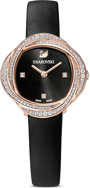 Buy Shop Swarovski Crystal Flower Black Dial Black Leather Strap Watch for Women - 5552421 USA Online