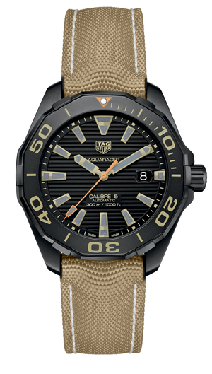 Buy Shop Tag Heuer Aquaracer 300 Calibre 5 Automatic Black Dial Brown Nylon Strap Watch for Men - WAY208C.FC6383 USA Online