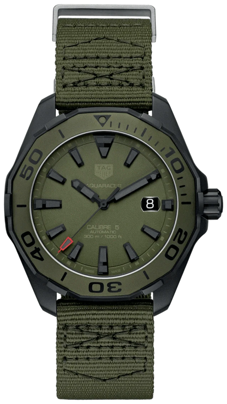 Buy Shop Tag Heuer Aquaracer Automatic Green Dial Khakhi Green Nylon Strap Watch for Men - WAY208E.FC8222 USA Online