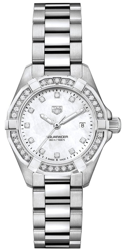 Buy Shop Tag Heuer Aquaracer Diamonds Mother of Pearl White Dial Silver Steel Strap Watch for Women - WBD1415.BA0741 USA Online