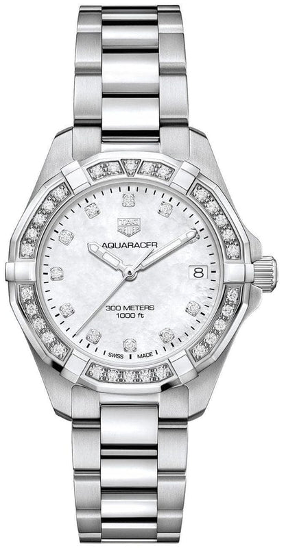 Buy Shop Tag Heuer Aquaracer Diamonds White Mother of Pearl Dial Silver Steel Strap Watch for Women - WBD1315.BA0740 USA Online