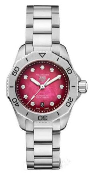Buy Shop Tag Heuer Aquaracer Professional 200 Automatic Diamond Ruby Red Dial Silver Steel Strap Watch for Women - WBP2414.BA0622 USA Online