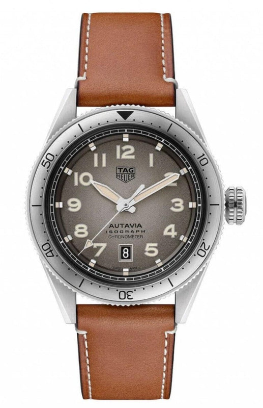 Buy Shop Tag Heuer Autavia Isograph Grey Dial Calfskin Brown Leather Strap Watch for Men - WBE5111.FC8267 USA Online