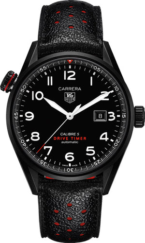 Buy Shop Tag Heuer Carrera Calibre 5 Drive Timer Black Dial Black Leather Strap Watch for Men - WAR2A80.FC6337 USA Online