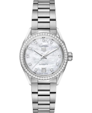 Buy Shop Tag Heuer Carrera Date Diamonds Mother of Pearl Dial Silver Steel Strap Watch for Women - WBN2414.BA0621 USA Online