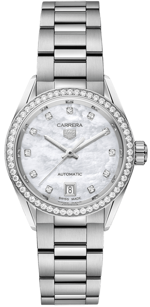 Buy Shop Tag Heuer Carrera Date Diamonds Mother of Pearl Dial Silver Steel Strap Watch for Women - WBN2414.BA0621 USA Online