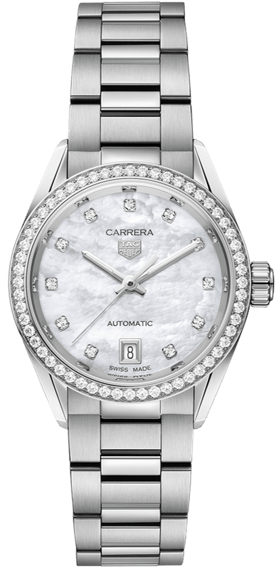 Buy Shop Tag Heuer Carrera Date Diamonds Mother of Pearl Dial Silver Steel Strap Watch for Women - WBN2414.BA0621 USA Online