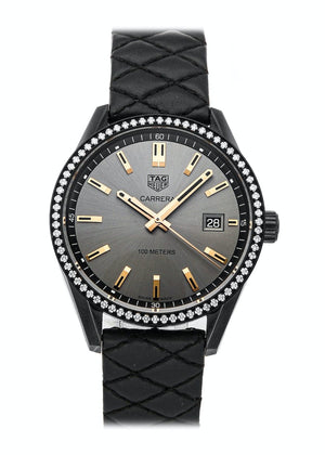 Buy Shop Tag Heuer Carrera Diamonds Anthracite Black Dial Black Leather Strap Watch for Women - WAR1115.FC6392 USA Online