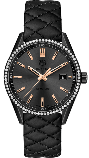 Buy Shop Tag Heuer Carrera Diamonds Anthracite Black Dial Black Leather Strap Watch for Women - WAR1115.FC6392 USA Online