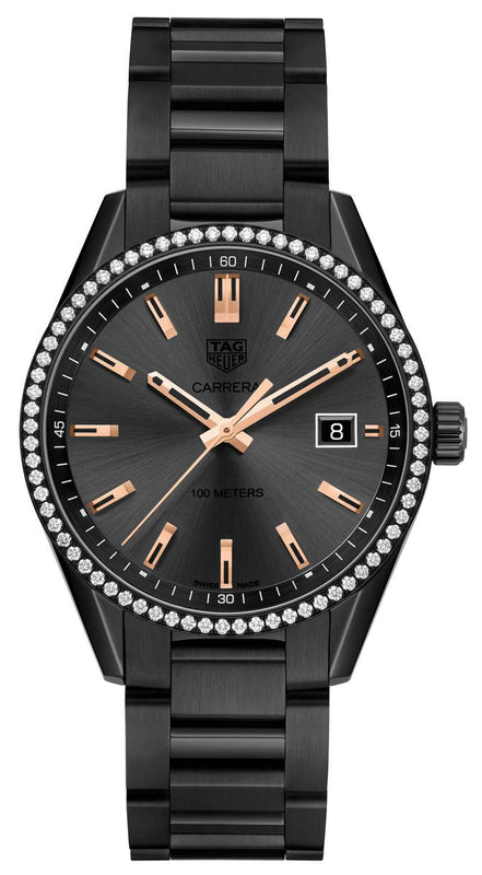 Buy Shop Tag Heuer Carrera Quartz Diamonds Black Dial Black Steel Strap Watch for Women - WAR1115.BA0602 USA Online