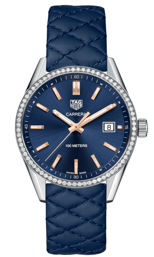 Buy Shop Tag Heuer Carrera Quartz Diamonds Blue Dial Blue Leather Strap Watch for Women - WAR1114.FC6391 USA Online