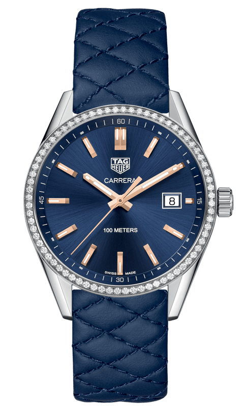 Buy Shop Tag Heuer Carrera Quartz Diamonds Blue Dial Blue Leather Strap Watch for Women - WAR1114.FC6391 USA Online