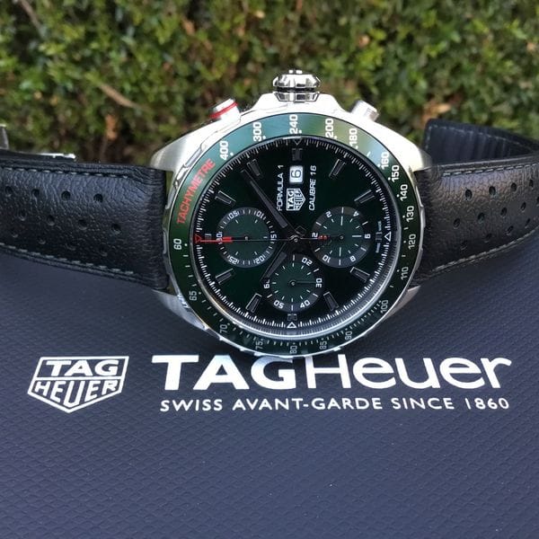 Buy Shop Tag Heuer Formula 1 Calibre 16 Automatic Chronograph Green Dial Black Leather Strap Watch for Men - CAZ2016.FC6473 USA Online