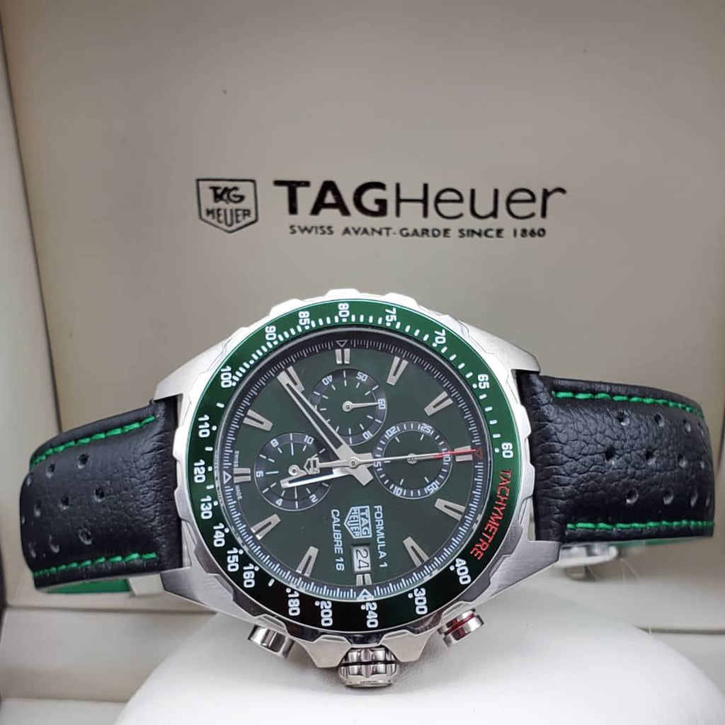 Buy Shop Tag Heuer Formula 1 Calibre 16 Automatic Chronograph Green Dial Black Leather Strap Watch for Men - CAZ2016.FC6473 USA Online