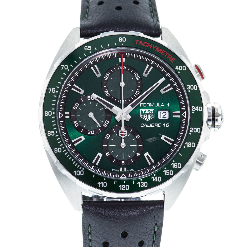 Buy Shop Tag Heuer Formula 1 Calibre 16 Automatic Chronograph Green Dial Black Leather Strap Watch for Men - CAZ2016.FC6473 USA Online