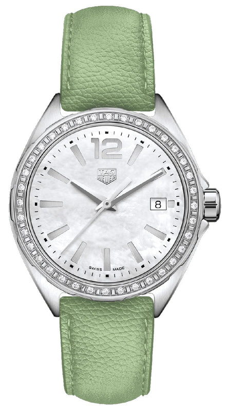 Buy Shop Tag Heuer Formula 1 Quartz Diamonds Mother of Pearl Dial Green Leather Strap Watch for Women - WBJ131A.FC8249 USA Online