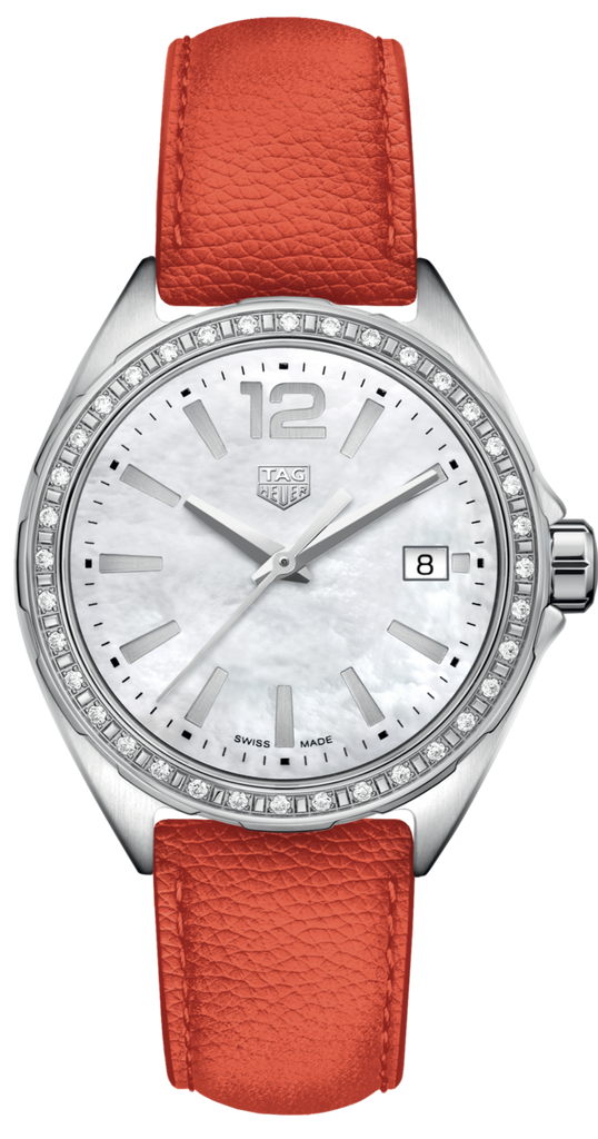 Buy Shop Tag Heuer Formula 1 Quartz Diamonds Mother of Pearl Dial Orange Leather Strap Watch for Women - WBJ131A.FC8250 USA Online