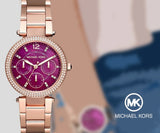 Buy Shop Michael Kors Mini Parker Multi-Function Plum Mother of Pearl Dial Rose Gold Steel Strap Watch For Women - MK6403 USA Online