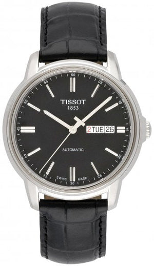 Buy Shop Tissot Automatics III Day Date Black Dial Black Leather Strap Watch For Men - T065.430.16.051.00 USA Online