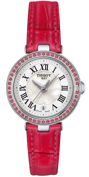 Buy Shop Tissot Bellissima Small Lady Diamonds Mother of Pearl Dial Red Leather Strap Watch For Women - T126.010.66.113.00 USA Online