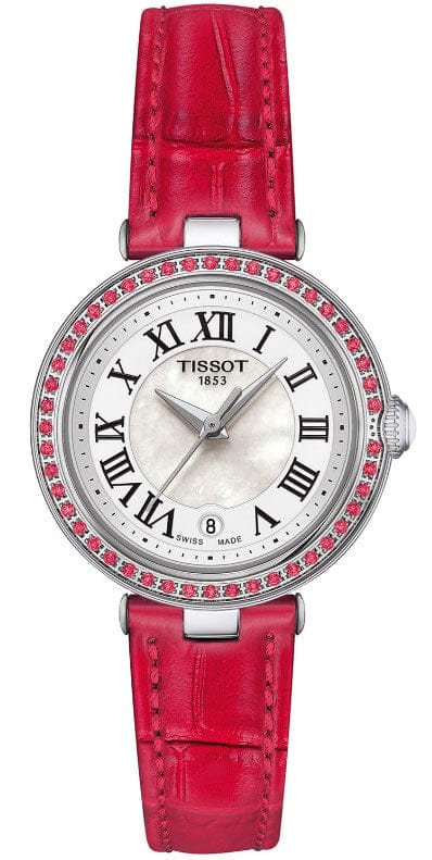 Buy Shop Tissot Bellissima Small Lady Diamonds Mother of Pearl Dial Red Leather Strap Watch For Women - T126.010.66.113.00 USA Online