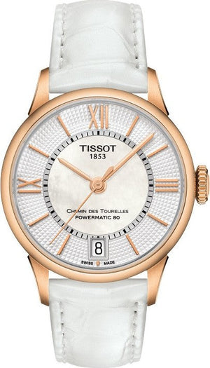 Buy Shop Tissot Chemin Des Tourelles Powermatic 80 Lady Silver Dial White Leather Strap Watch For Women - T099.207.36.118.00 USA Online