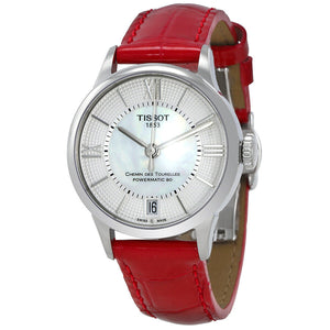 Buy Shop Tissot Chemin Des Tourelles Powermatic 80 Mother of Pearl White Dial Red Leather Strap Watch For Women - T099.207.16.118.00 USA Online