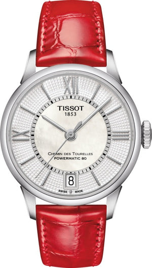 Buy Shop Tissot Chemin Des Tourelles Automatic Mother of Pearl White Dial Red Leather Strap Watch For Women - T099.207.16.118.00 USA Online