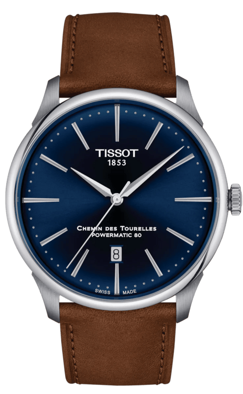 Buy Shop Tissot Chemin des Tourelles Automatic Powermatic 80 Blue Dial Brown Leather Strap Watch for Men - T139.407.16.041.00 USA Online