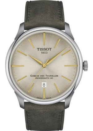 Buy Shop Tissot Chemin des Tourelles Automatic Powermatic 80 Ivory Dial Green Leather Strap Watch for Men - T139.407.16.261.00 USA Online