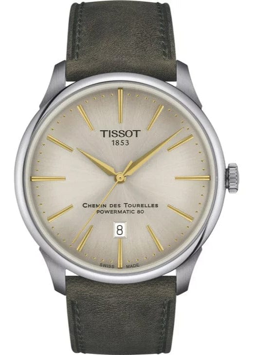 Buy Shop Tissot Chemin des Tourelles Automatic Powermatic 80 Ivory Dial Green Leather Strap Watch for Men - T139.407.16.261.00 USA Online