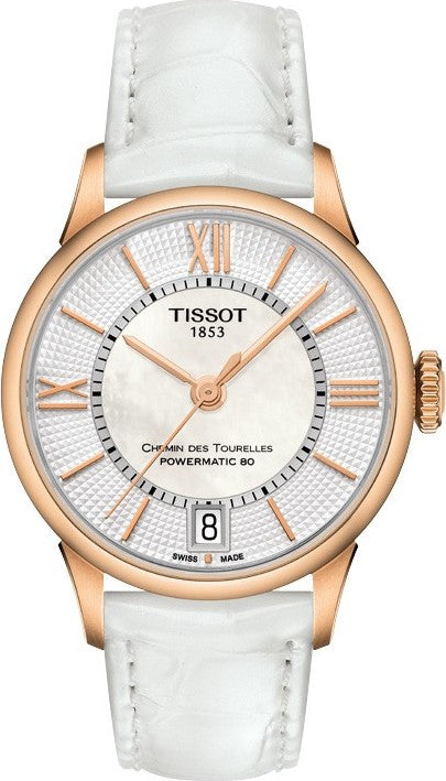 Buy Shop Tissot Chemin Des Tourelles Powermatic 80 Lady Silver Dial White Leather Strap Watch For Women - T099.207.36.118.00 USA Online