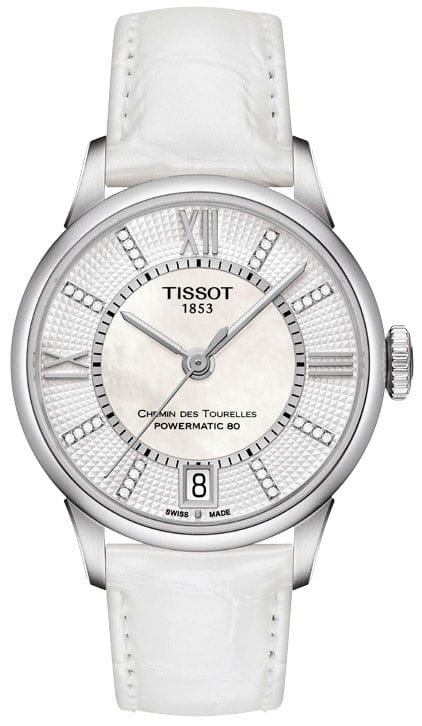 Buy Shop Tissot Chemin Des Tourelles Powermatic 80 Lady White Dial White Leather Strap Watch For Women - T099.207.16.116.00 USA Online