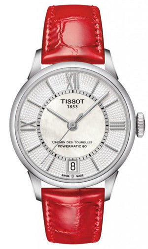 Buy Shop Tissot Chemin Des Tourelles Powermatic 80 Mother of Pearl White Dial Red Leather Strap Watch For Women - T099.207.16.118.00 USA Online