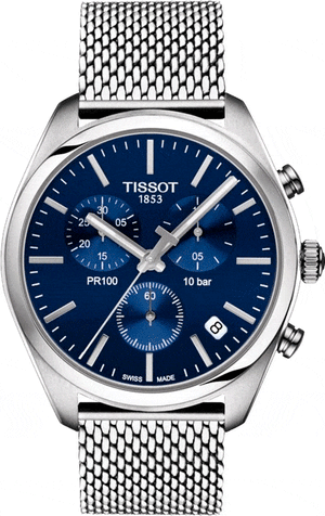 Buy Shop Tissot PR 100 Chronograph Blue Dial Silver Mesh Bracelet Watch for Men - T101.417.11.041.00 USA Online