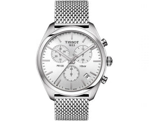 Buy Shop Tissot PR 100 Chronograph White Dial Silver Mesh Bracelet Watch For Men - T101.417.11.031.02 USA Online